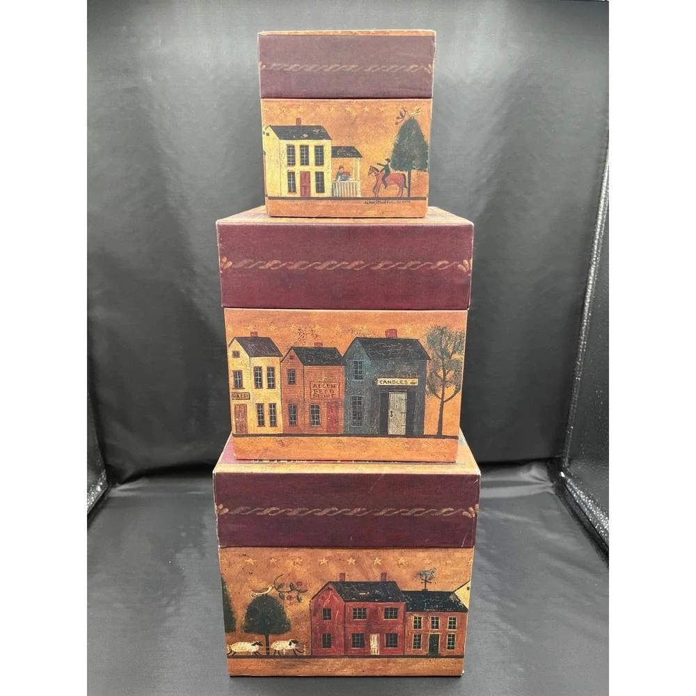 Bob's Boxes Primitive Village Decorative Set of 3 Nesting Boxes Folk Art Country